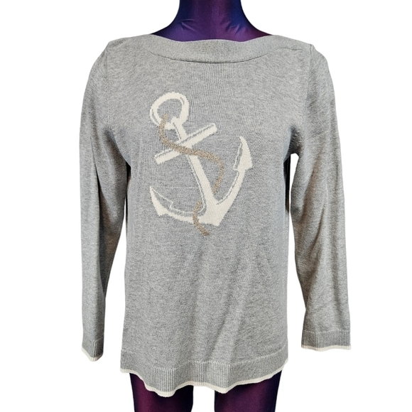 Hastings & Smith Gray Nautical‎ Anchor Boat Neck Sweater Size Medium Women's D17 - Picture 1 of 9